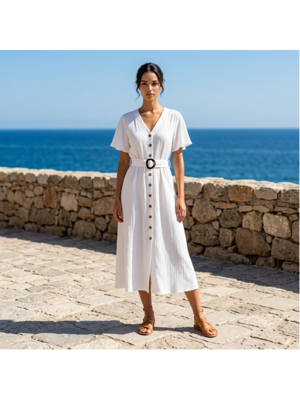 NWOT Calvin Klein White Belted Button Down Midi Dress Size 6 Tortoise details